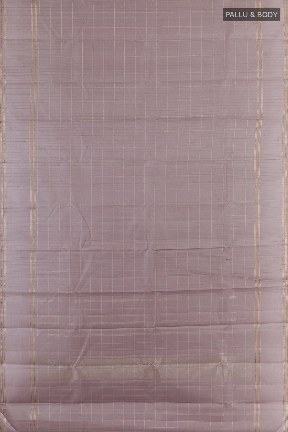 Flat view of Pure Silk Grey Kanchipuram Saree with Checked design on the body and Zari Border. 