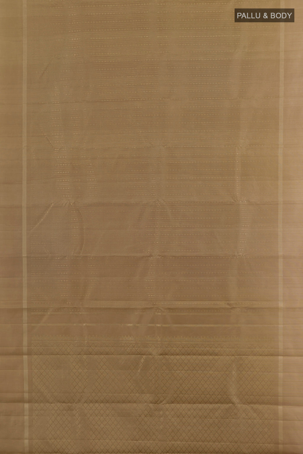Flat view of Pure Silk Beige Kanchipuram Saree with Stripes on the body and Plain Border. 