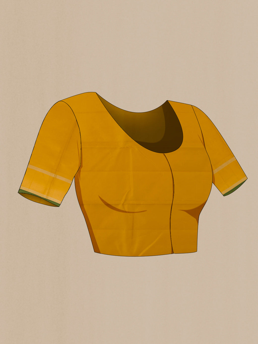 Close up image of the blouse of Pure Silk Mustard Kanchipuram Saree with Zari Butta on the body and Zari Border. 
