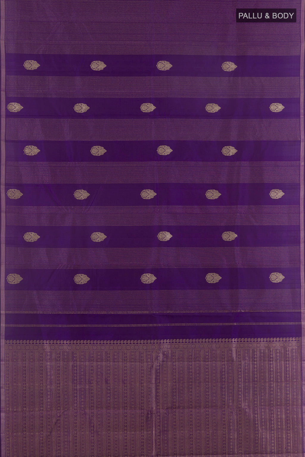 Flat view of Pure Silk Purple Kanchipuram Saree with Zari Butta on the body and Zari Border. 