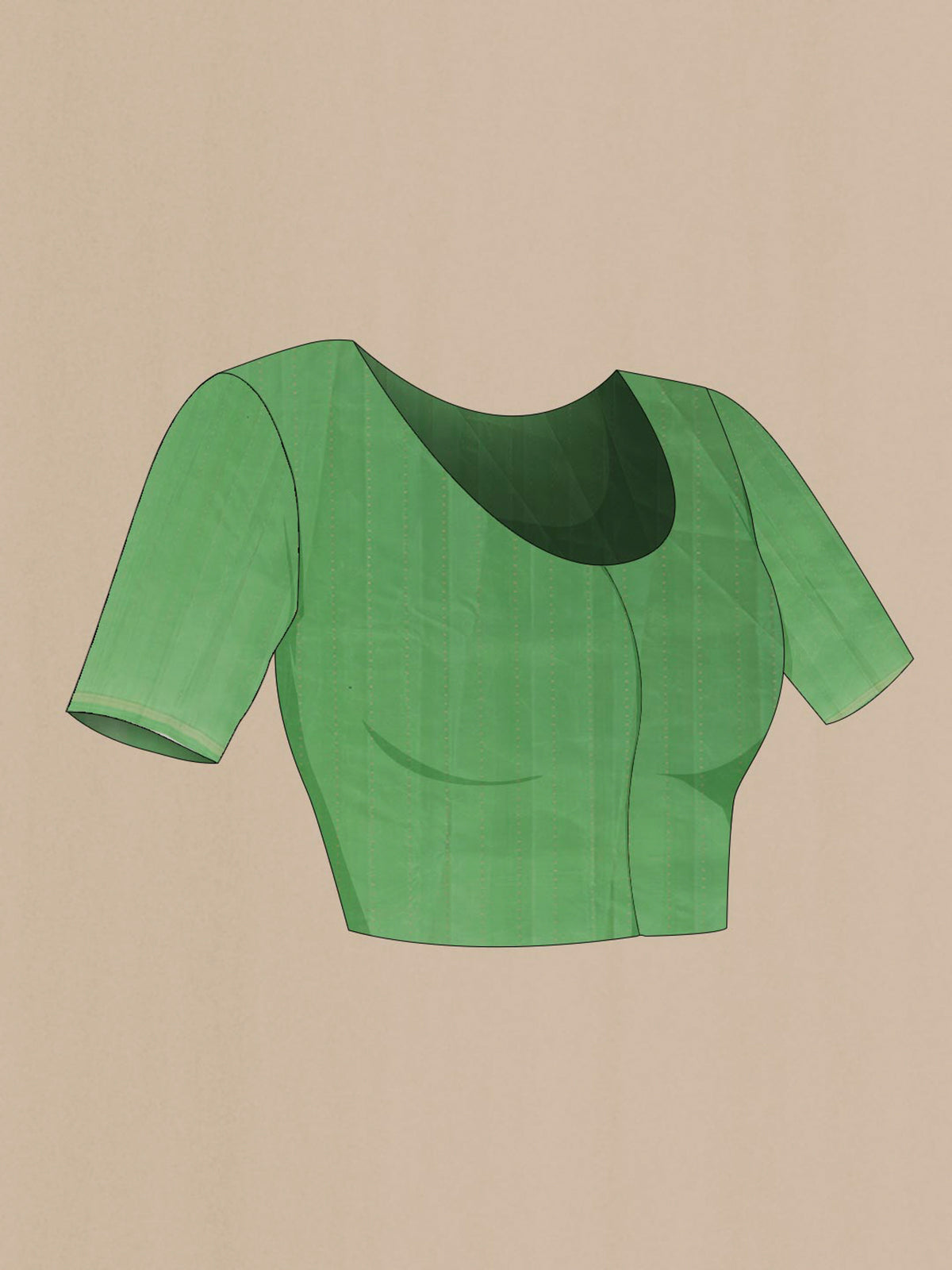 Close up image of the blouse of Pure Silk Green Kanchipuram Saree with Zari Butta on the body and Without Border. 