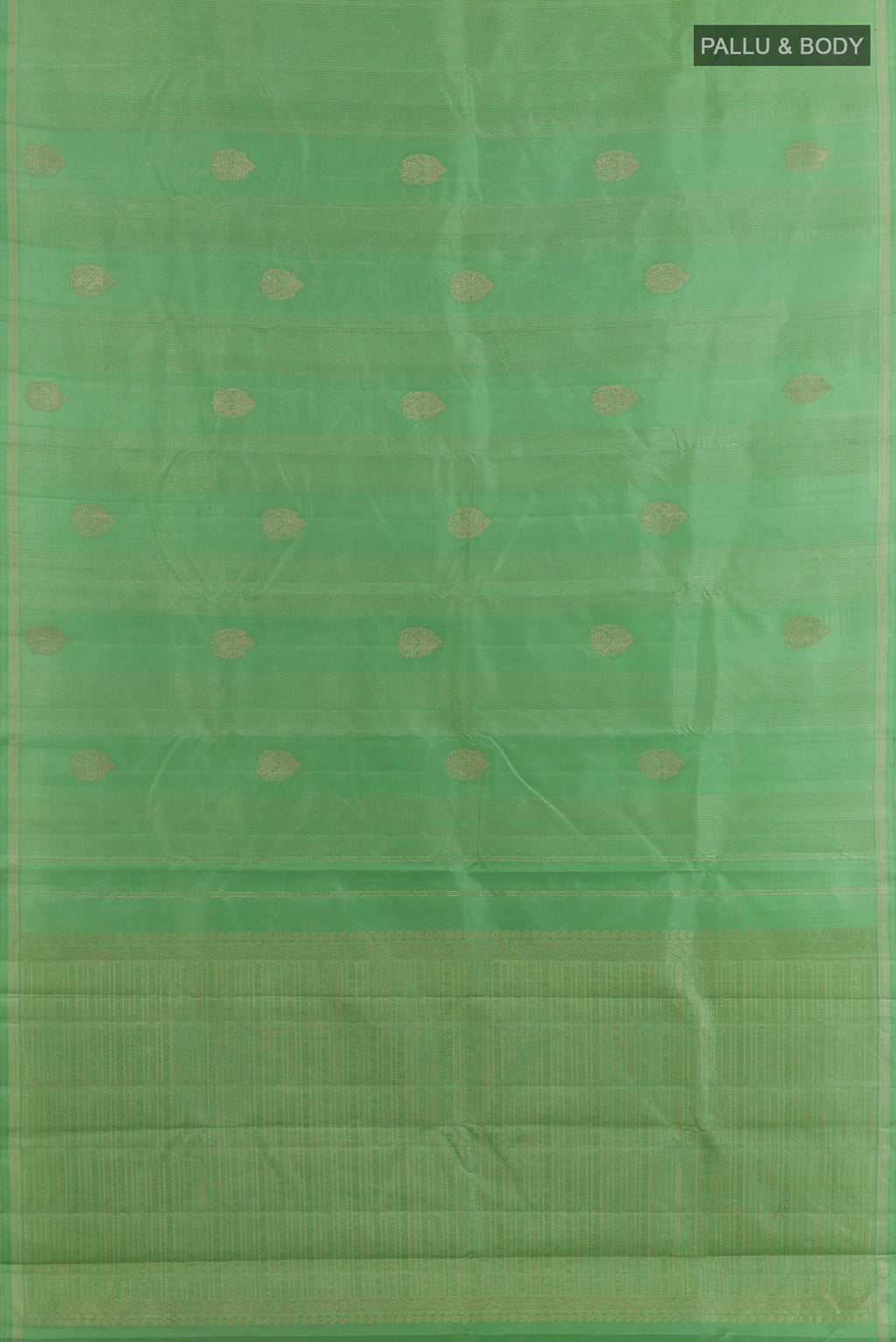 Flat view of Pure Silk Green Kanchipuram Saree with Zari Butta on the body and Without Border. 