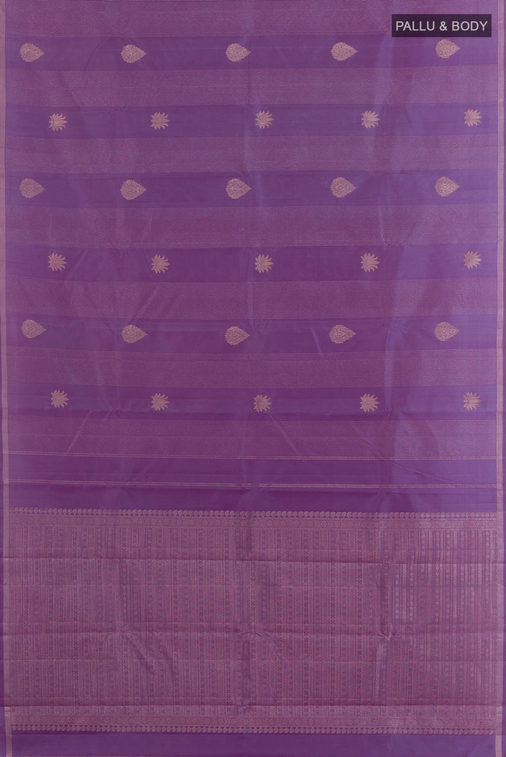 Flat view of Pure Silk Lavender Kanchipuram Saree with Zari Butta on the body and Zari Border. 