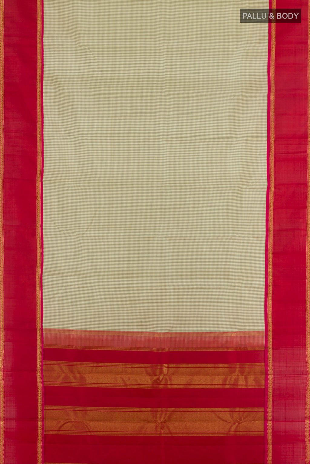 Flat view of Pure Silk Cream Kanjivaram Saree with Checked design on the body and Zari Border. 