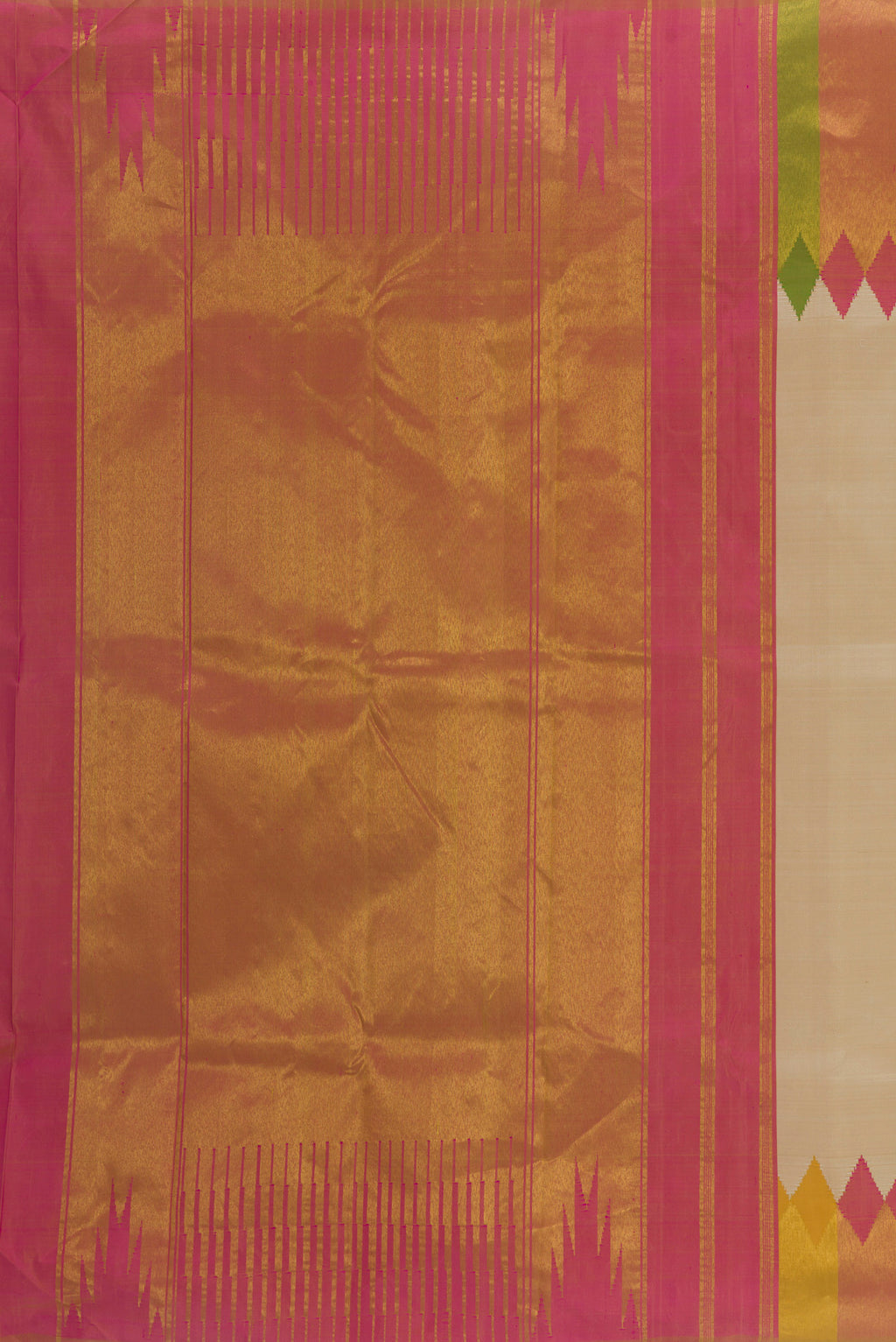Close up image of the pallu of Pure Silk Beige Kanjivaram Saree with Plain Body and Fancy Border. 