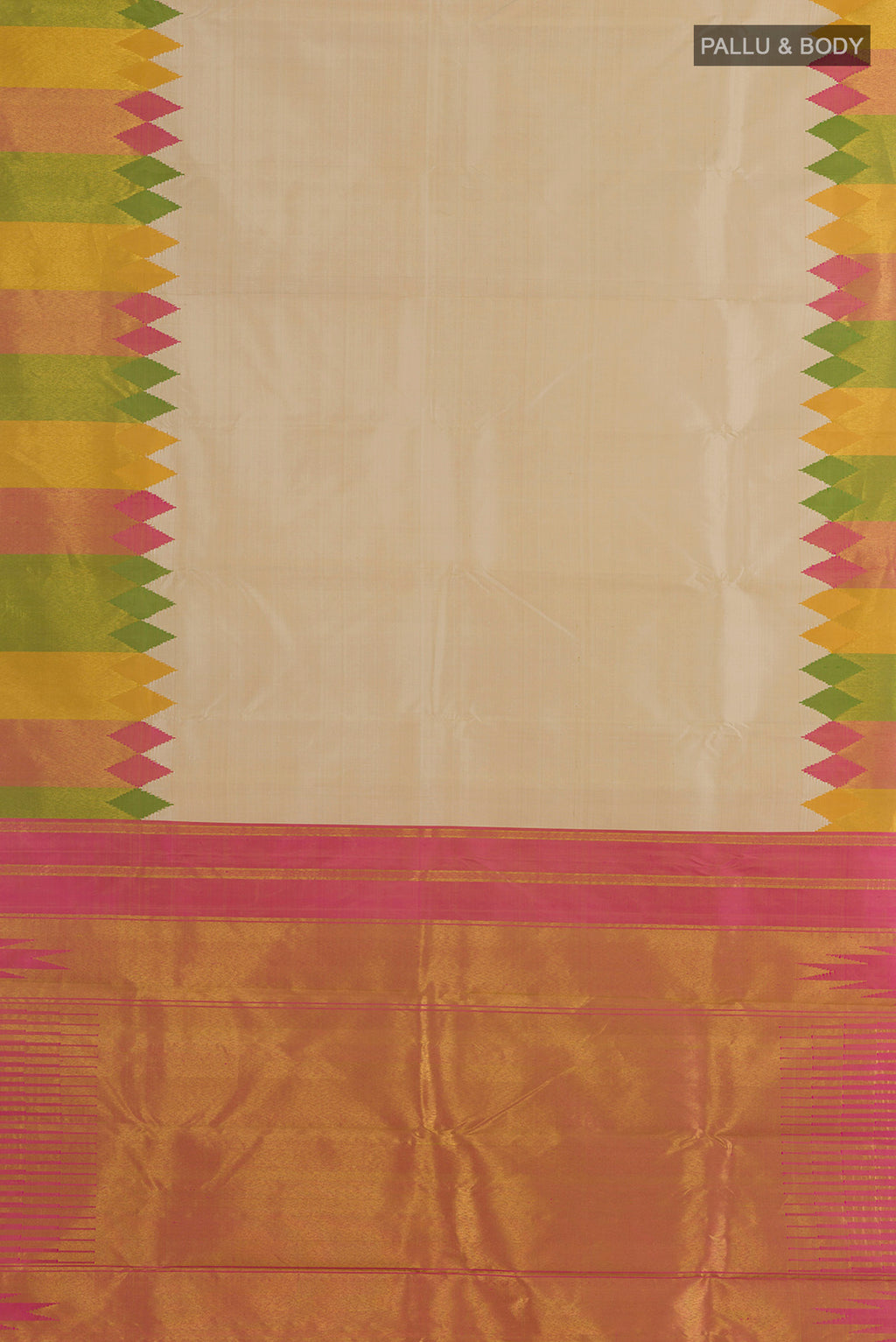 Flat view of Pure Silk Beige Kanjivaram Saree with Plain Body and Fancy Border. 