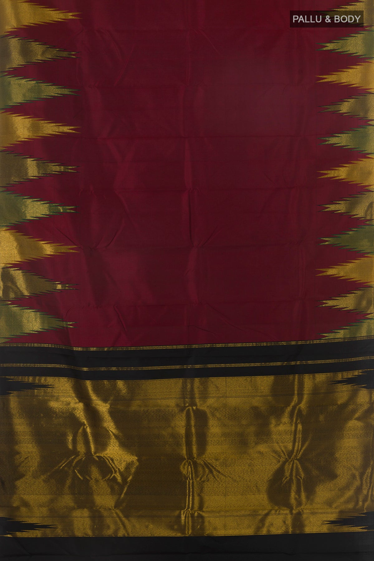 Flat view of Pure Silk Maroon Kanjivaram Saree with Plain Body and Temple Border. 