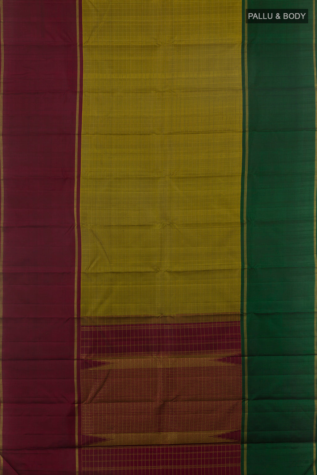 Flat view of Pure Silk Mehandi Green Kanjivaram Saree with Checked design on the body and Ganga Jamuna Border. 