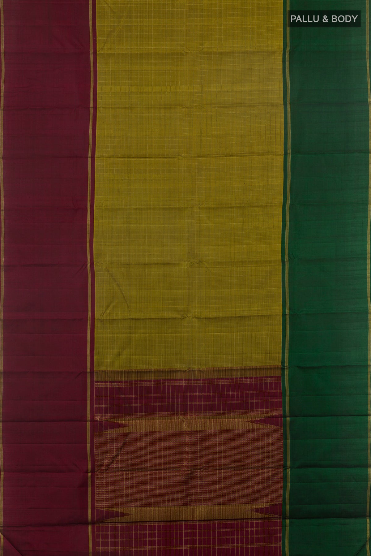 Flat view of Pure Silk Mehandi Green Kanjivaram Saree with Checked design on the body and Ganga Jamuna Border. 