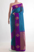 Pure Silk Peacock Blue Kanjivaram Saree with Checked design on the body and Zari Border.  displayed on a mannequin