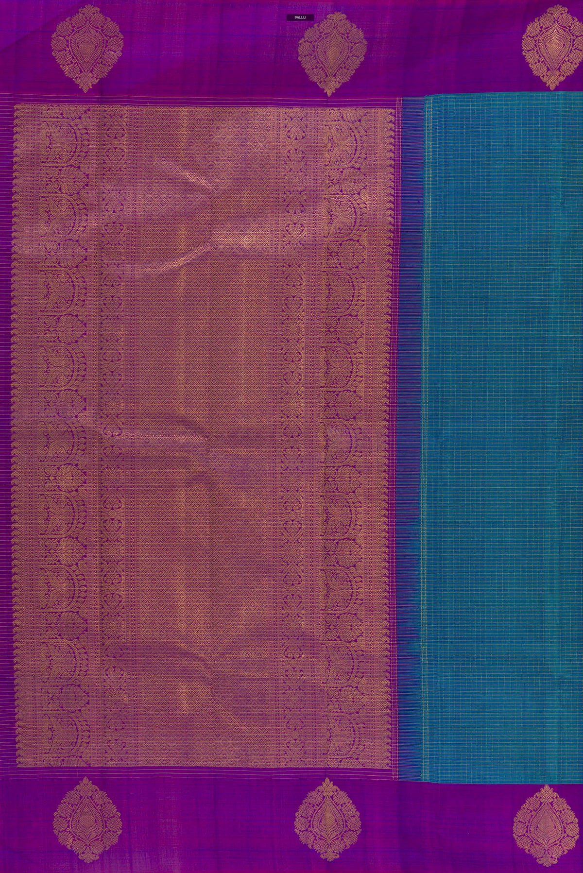 Close up image of the pallu of Pure Silk Peacock Blue Kanjivaram Saree with Checked design on the body and Zari Border. 