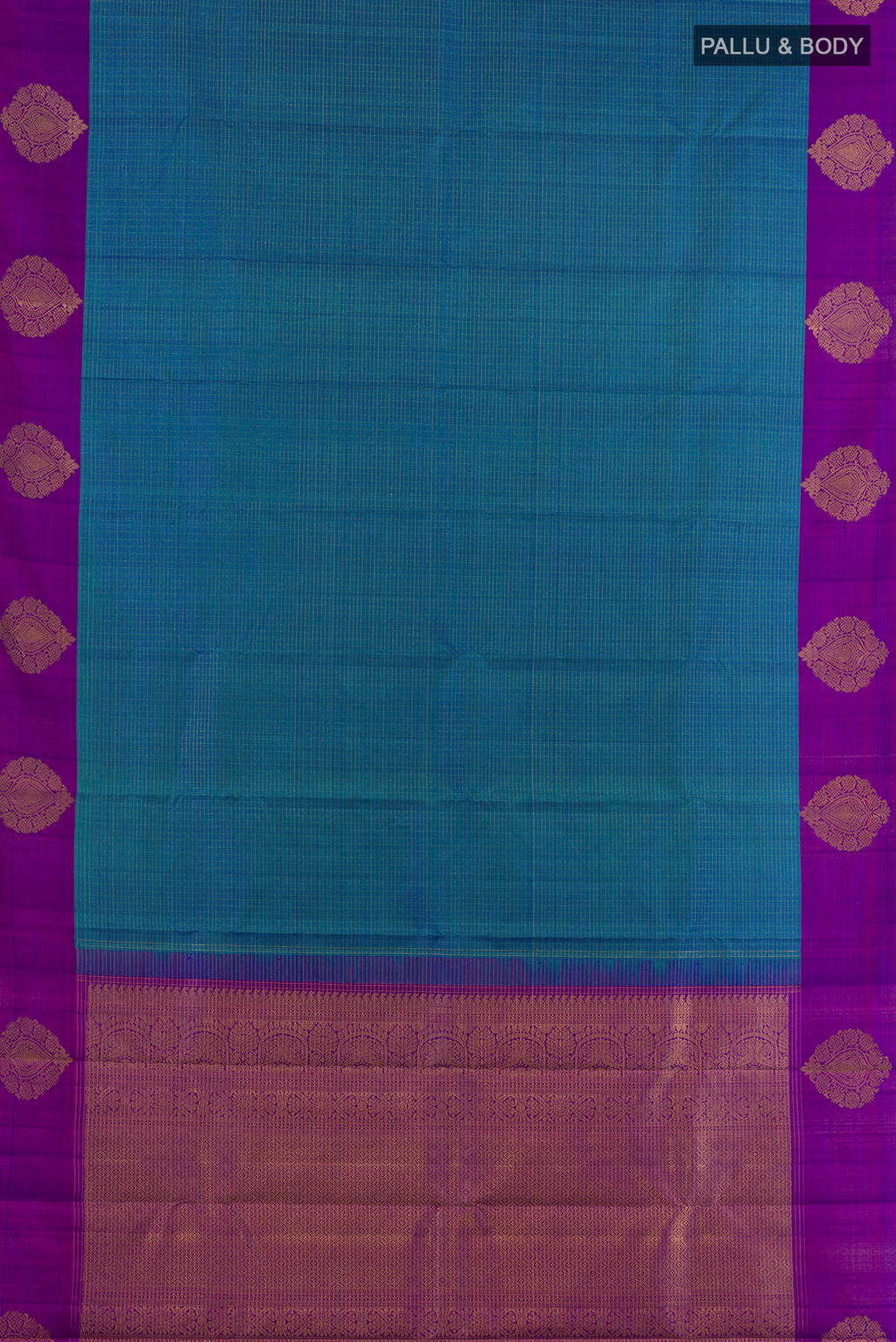Flat view of Pure Silk Peacock Blue Kanjivaram Saree with Checked design on the body and Zari Border. 