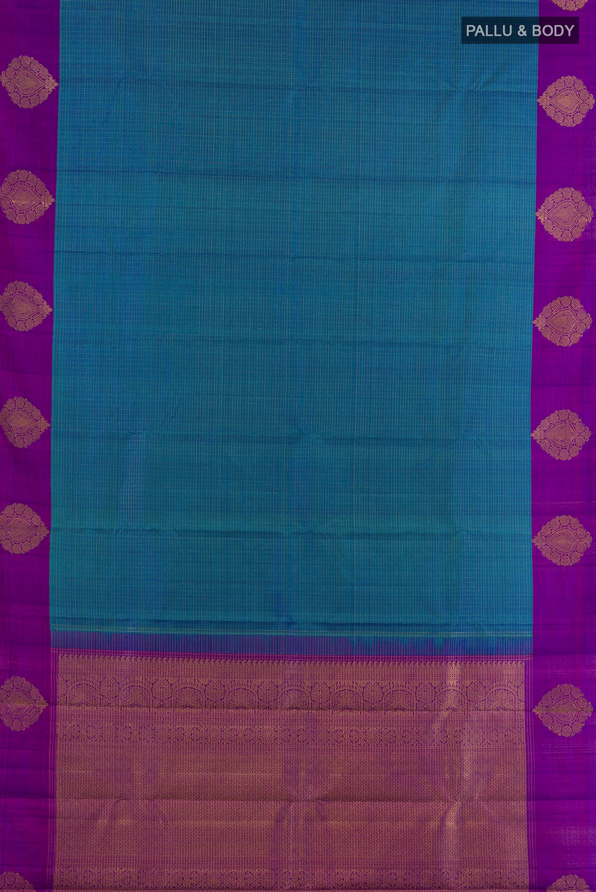 Flat view of Pure Silk Peacock Blue Kanjivaram Saree with Checked design on the body and Zari Border. 