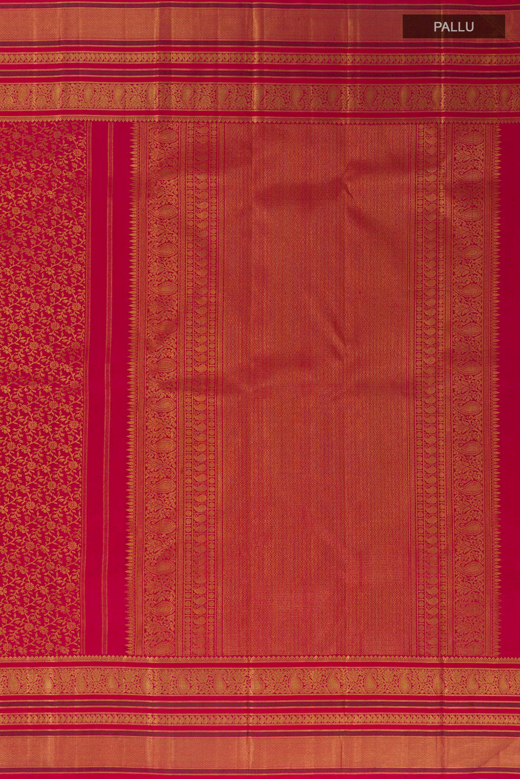Close up image of the pallu of Pure Silk Red Kanchipuram Saree with Zari Brocade on the body and Zari Border. 