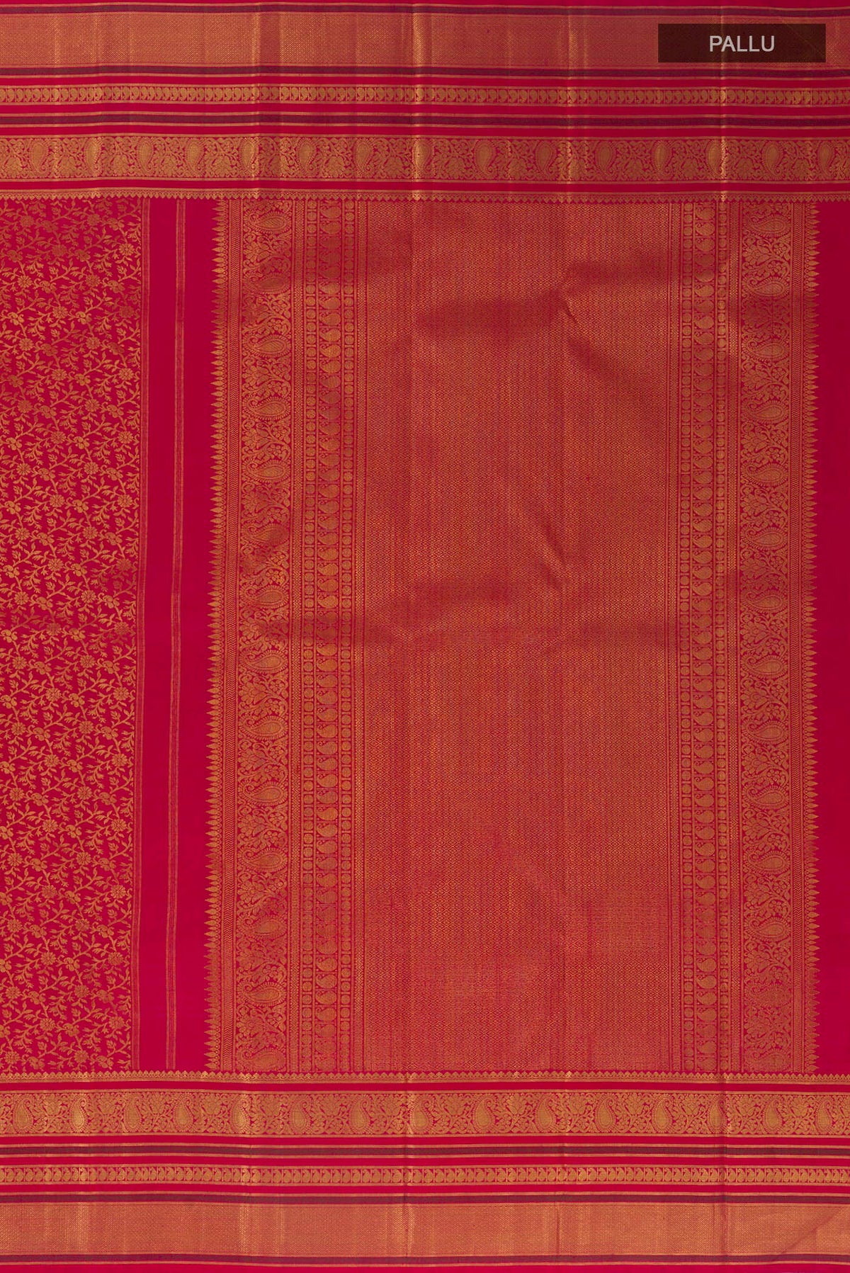 Close up image of the pallu of Pure Silk Red Kanchipuram Saree with Zari Brocade on the body and Zari Border. 