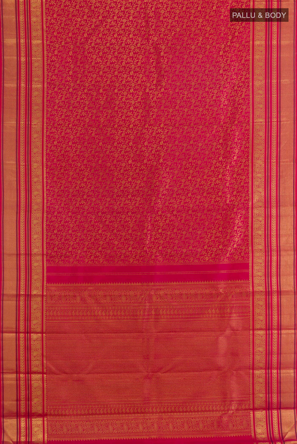 Flat view of Pure Silk Red Kanchipuram Saree with Zari Brocade on the body and Zari Border. 
