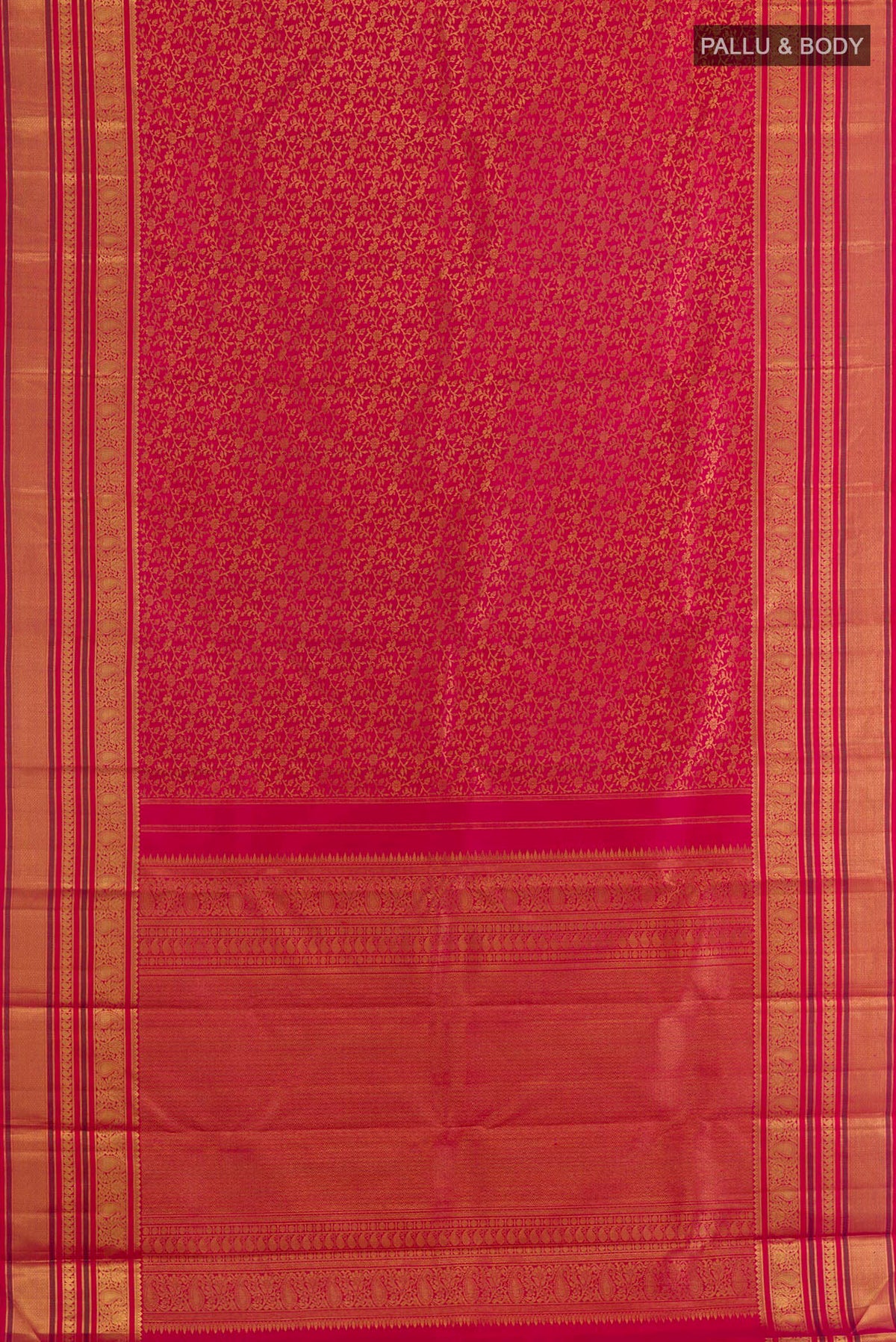 Flat view of Pure Silk Red Kanchipuram Saree with Zari Brocade on the body and Zari Border. 