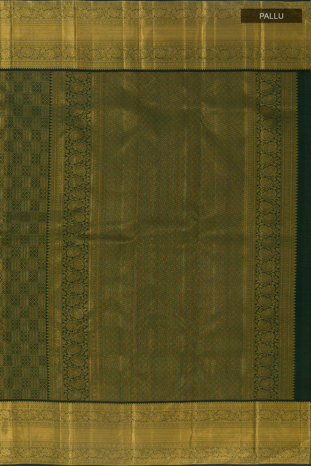 Close up image of the pallu of Pure Silk Bottle Green Kanchipuram Saree with Zari Brocade on the body and Zari Border. 