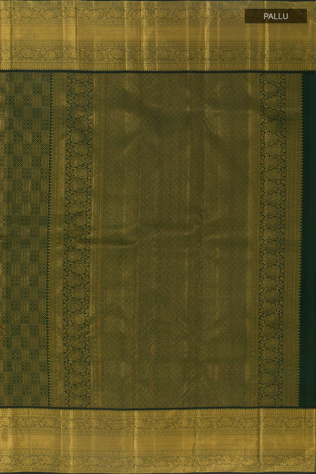 Close up image of the pallu of Pure Silk Bottle Green Kanchipuram Saree with Zari Brocade on the body and Zari Border. 