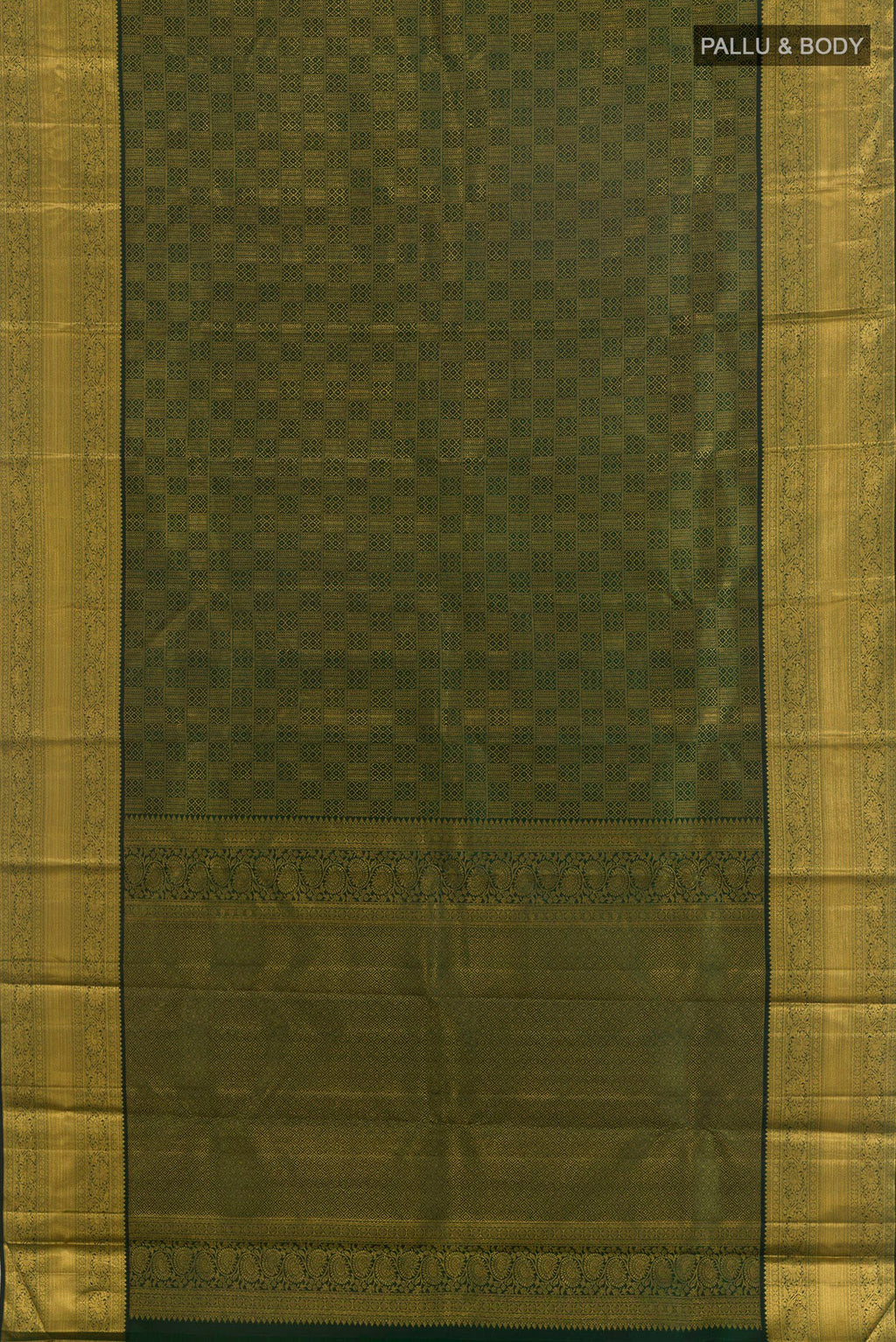 Flat view of Pure Silk Bottle Green Kanchipuram Saree with Zari Brocade on the body and Zari Border. 