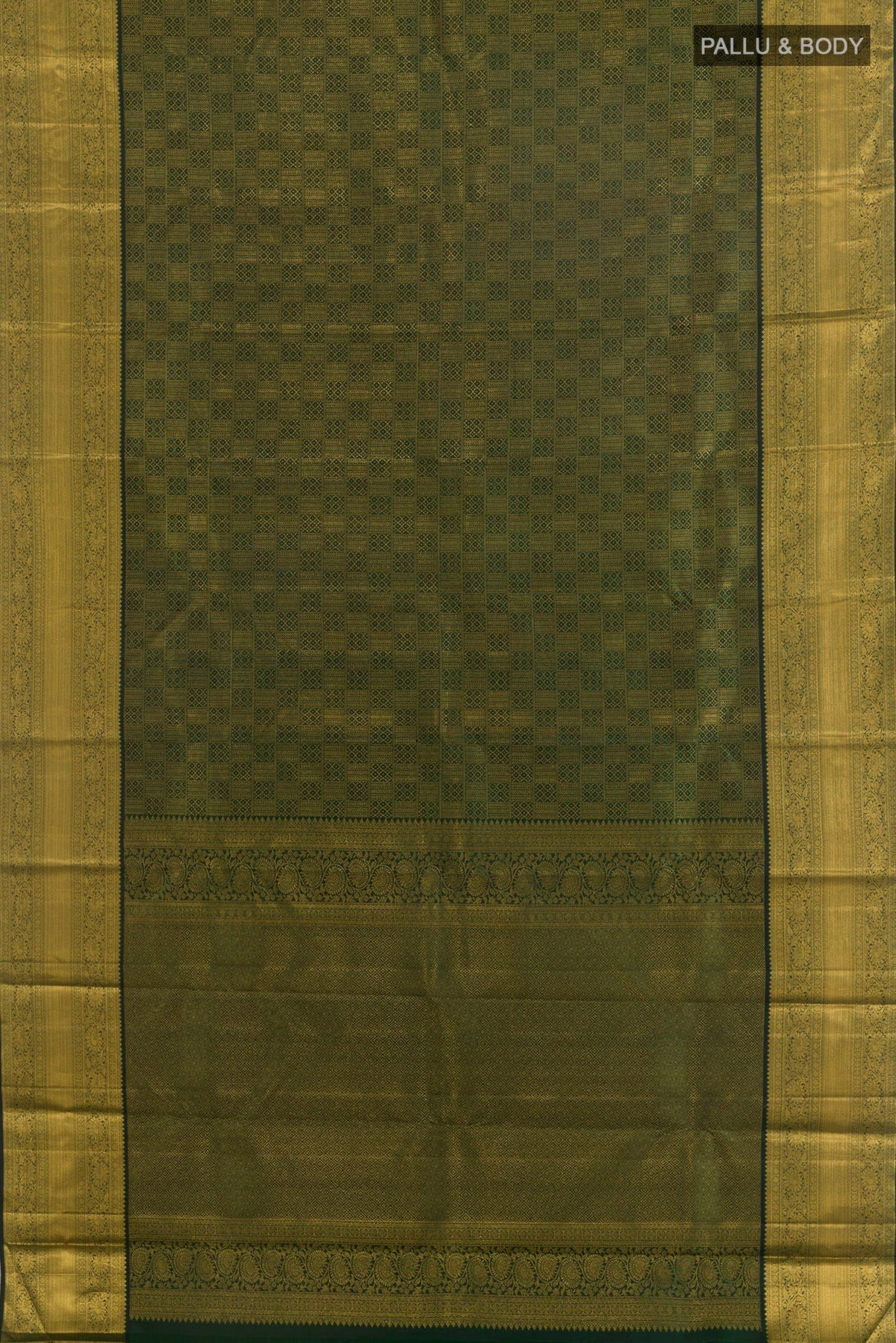 Flat view of Pure Silk Bottle Green Kanchipuram Saree with Zari Brocade on the body and Zari Border. 