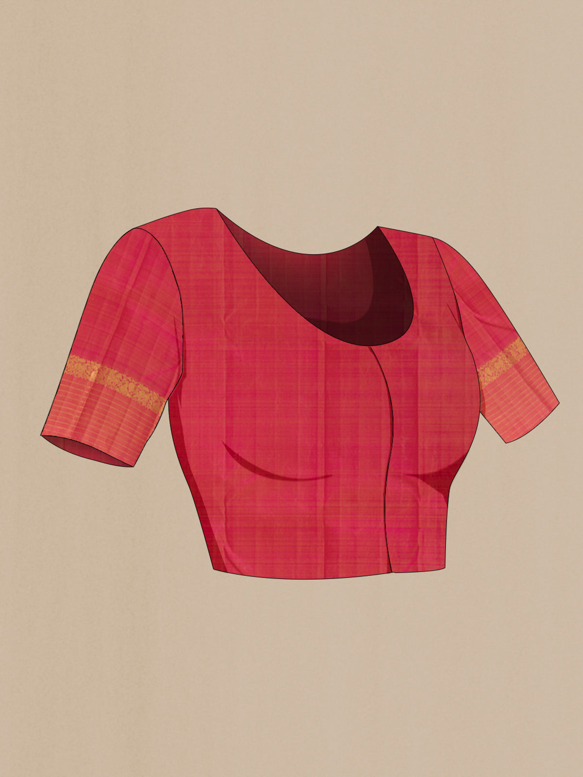 Close up image of the blouse of Pure Silk Coral Kanjivaram Saree with Zari Brocade on the body and Zari Border. 