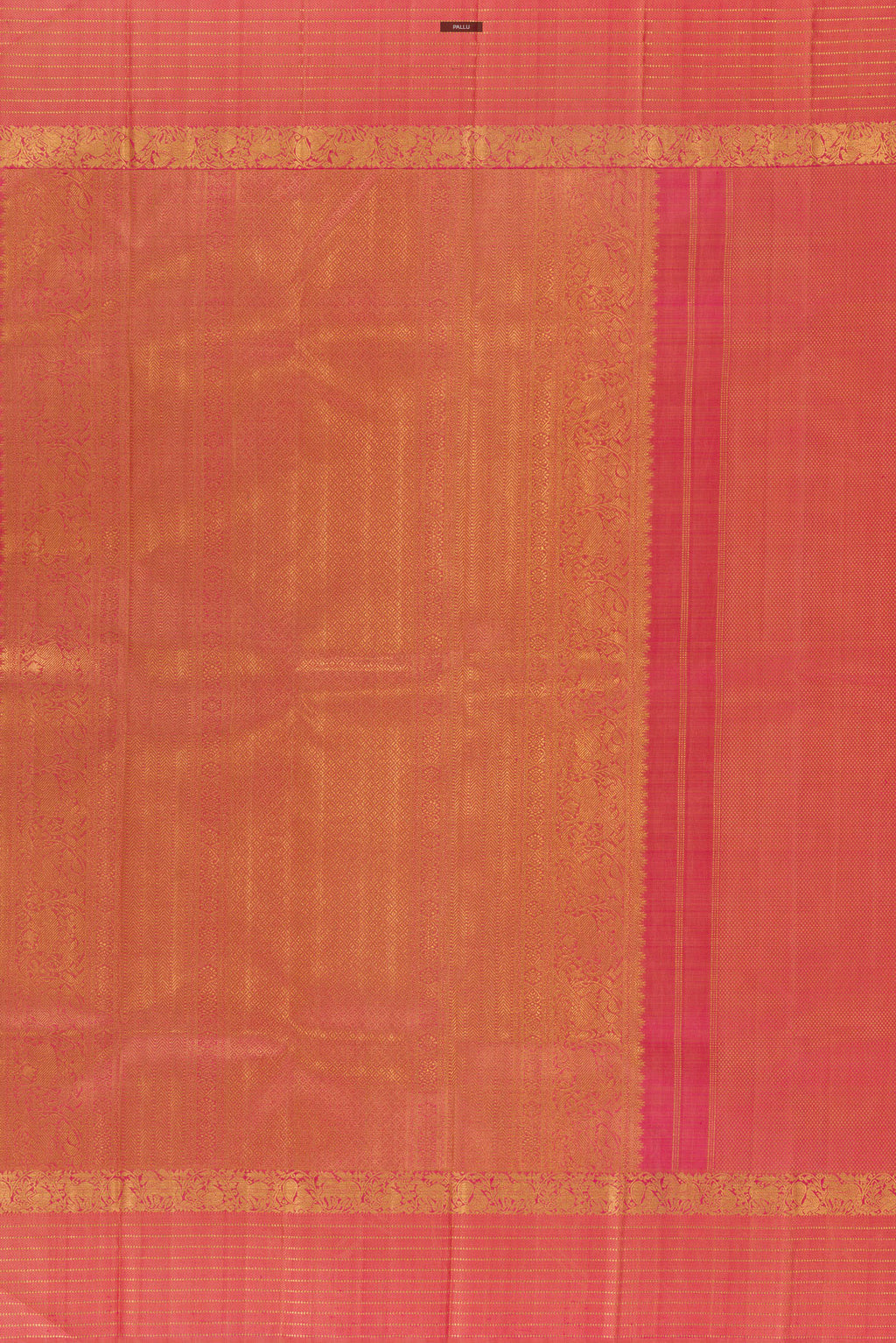 Close up image of the pallu of Pure Silk Coral Kanjivaram Saree with Zari Brocade on the body and Zari Border. 
