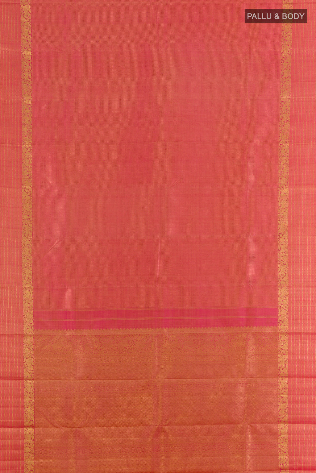 Flat view of Pure Silk Coral Kanjivaram Saree with Zari Brocade on the body and Zari Border. 