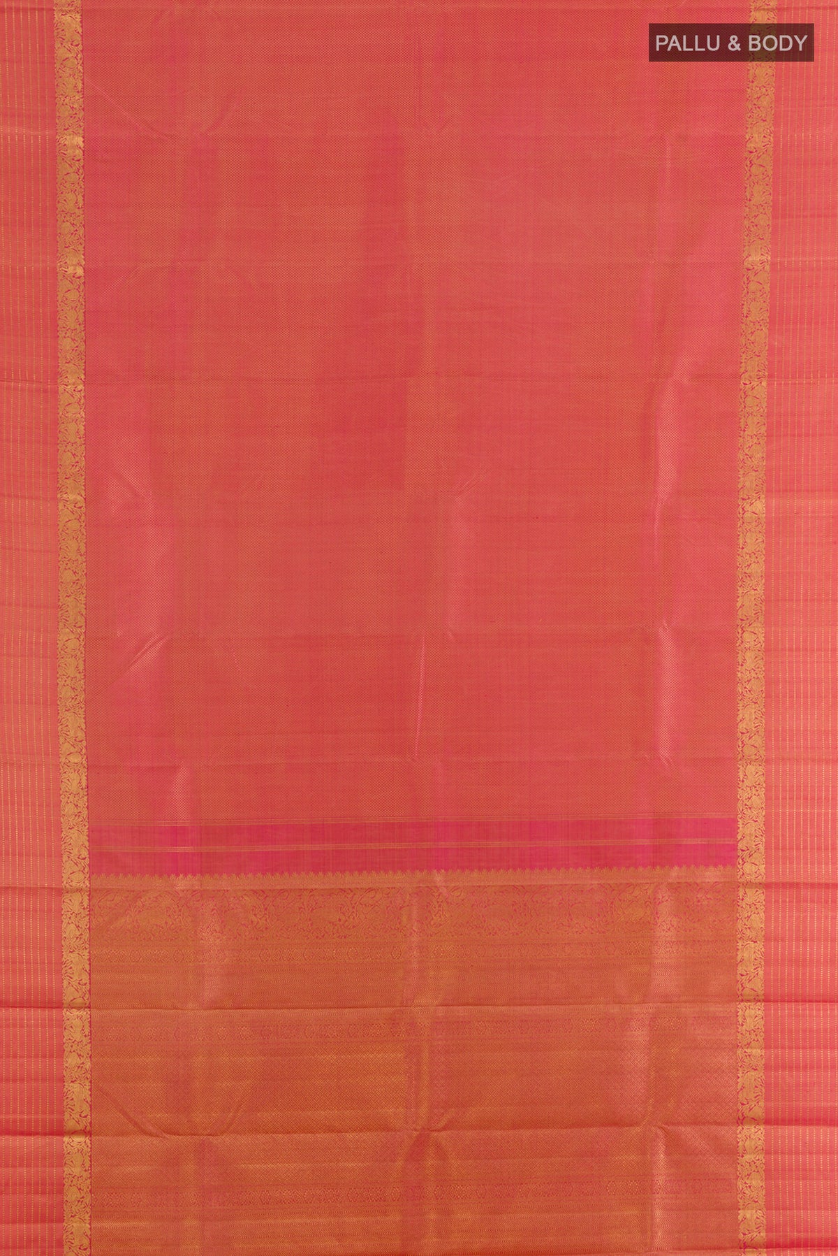 Flat view of Pure Silk Coral Kanjivaram Saree with Zari Brocade on the body and Zari Border. 