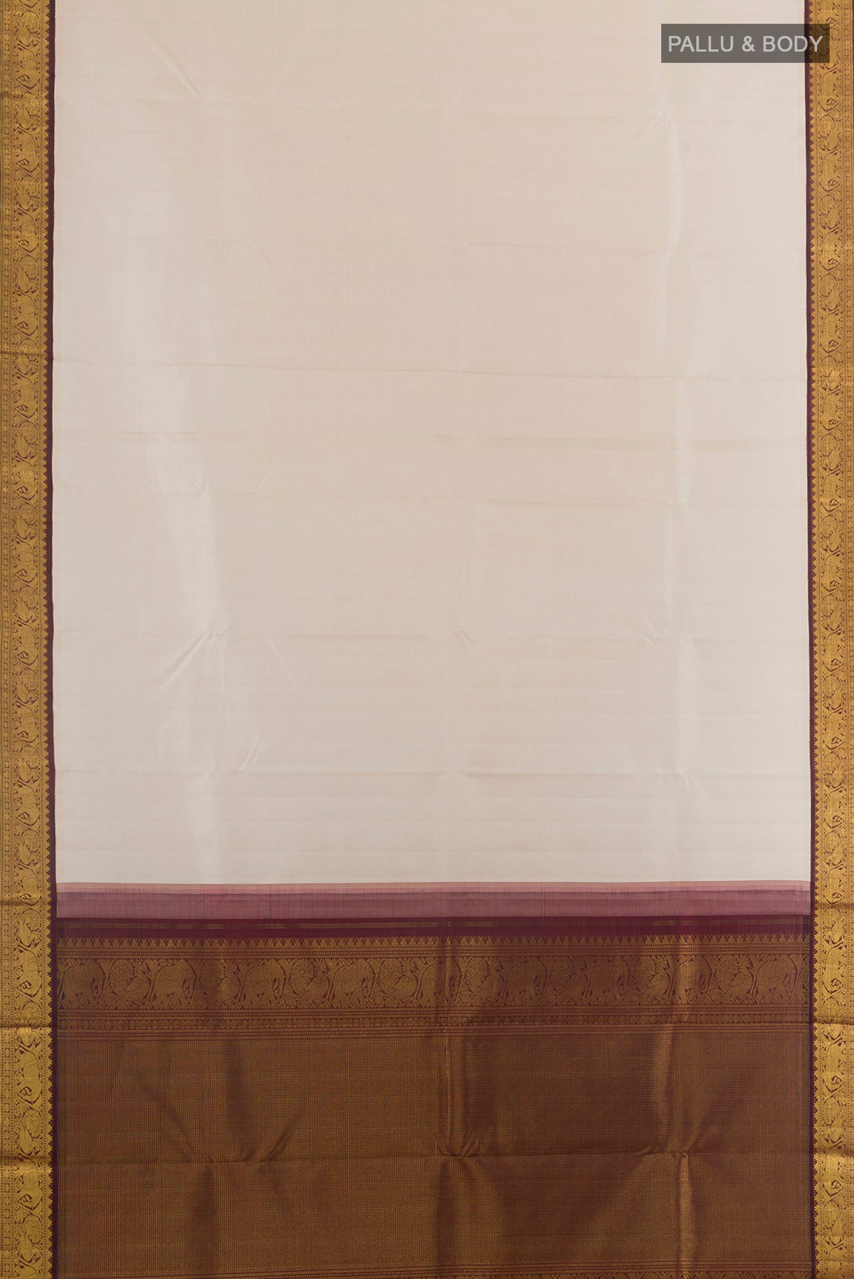 Flat view of Pure Silk Off White Kanjivaram Saree with Plain Body and Zari Border. 
