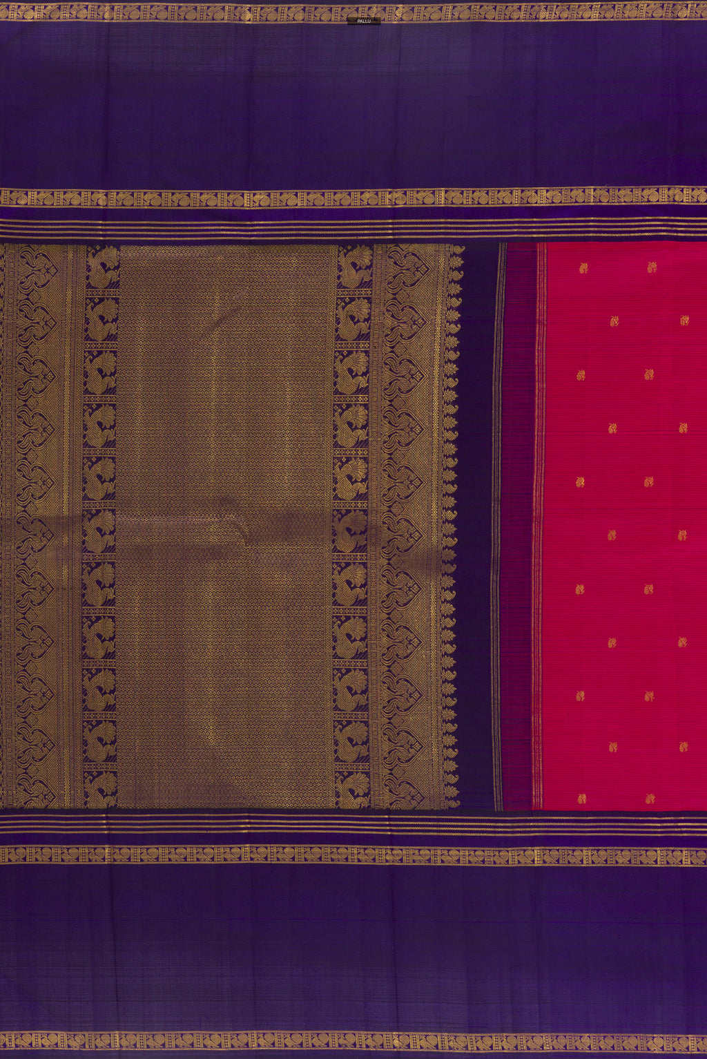 Close up image of the pallu of Pure Silk Pink Kanjivaram Saree with Zari Butta on the body and Zari Border. 