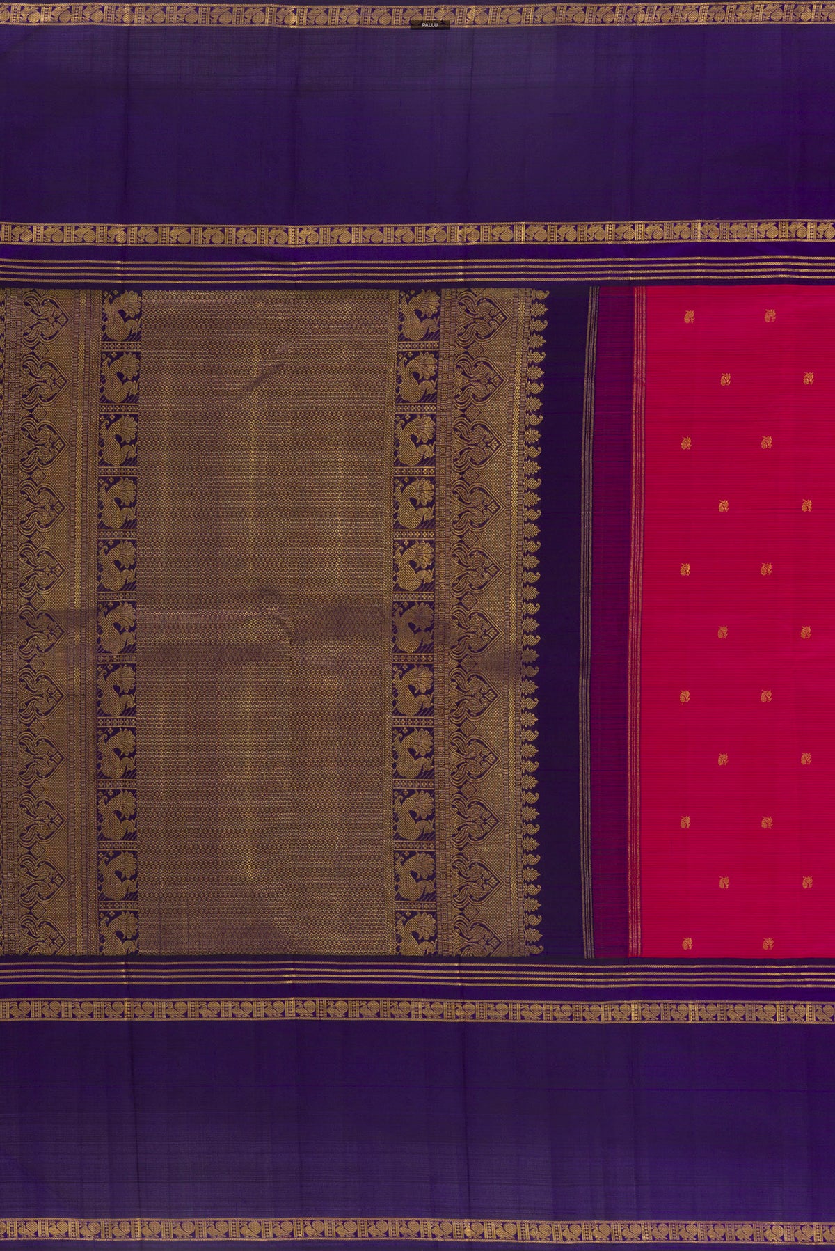 Close up image of the pallu of Pure Silk Pink Kanjivaram Saree with Zari Butta on the body and Zari Border. 