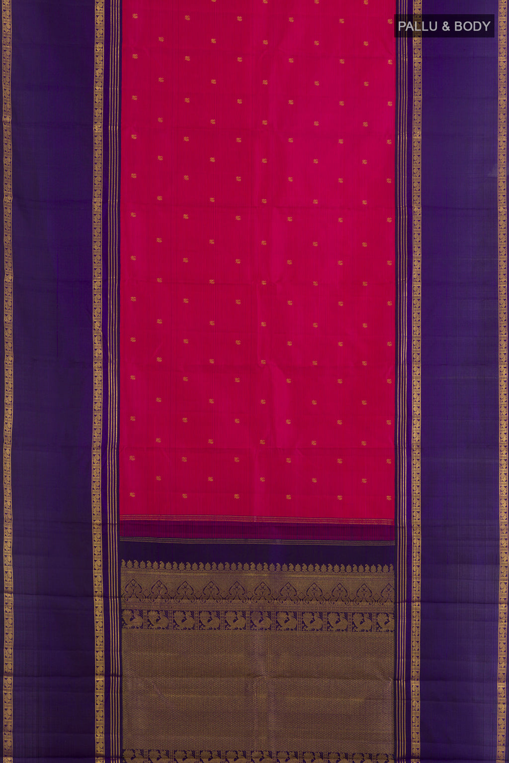 Flat view of Pure Silk Pink Kanjivaram Saree with Zari Butta on the body and Zari Border. 
