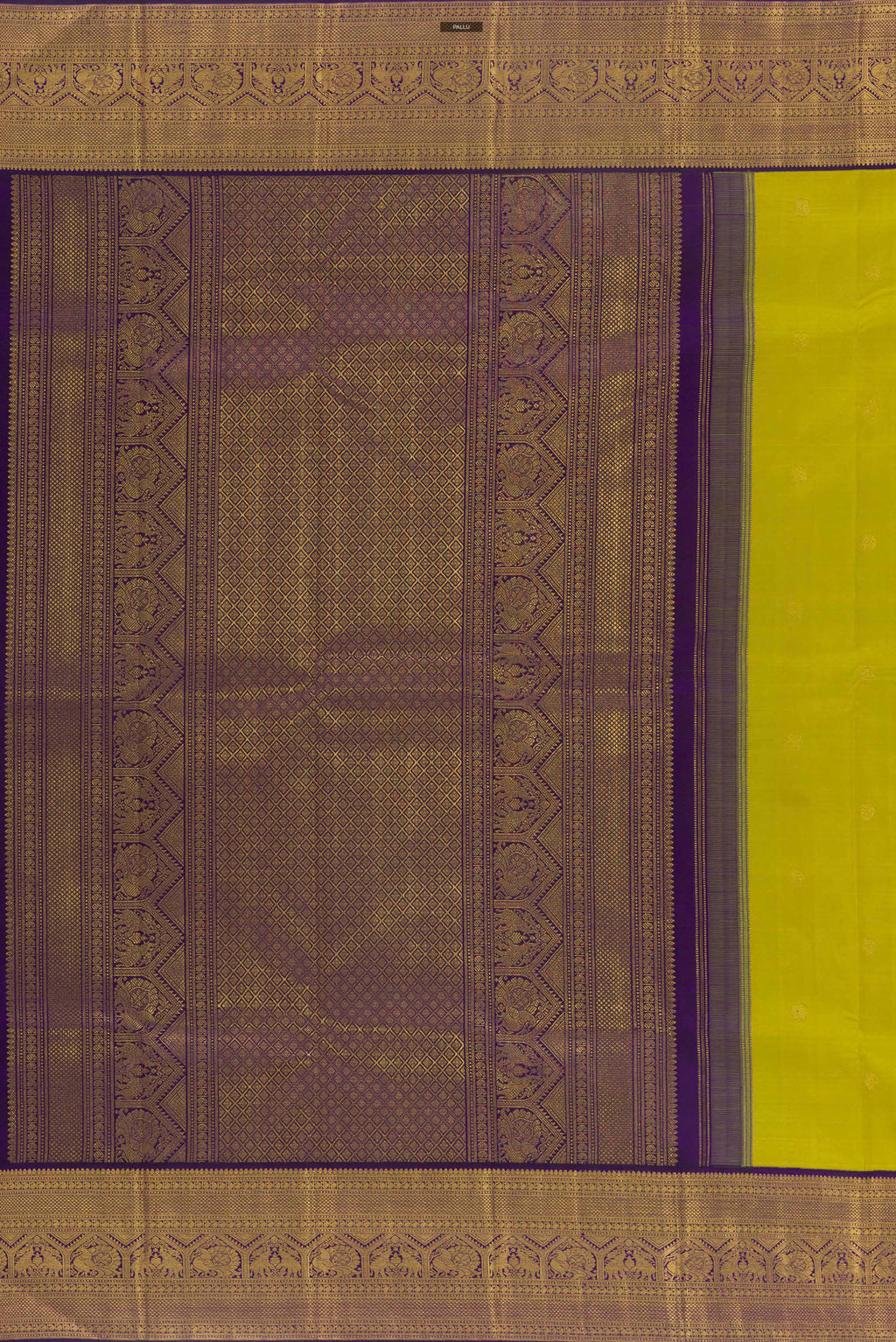 Close up image of the pallu of Pure Silk Green Kanchipuram Saree with Zari Butta on the body and Zari Border. 