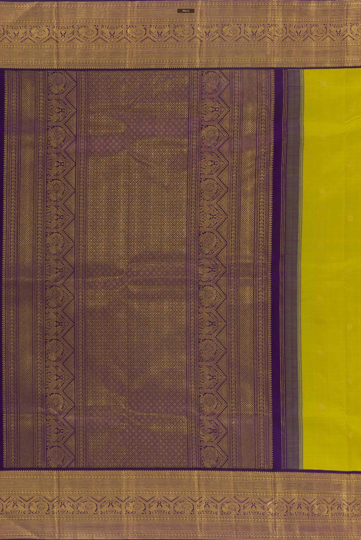 Close up image of the pallu of Pure Silk Green Kanchipuram Saree with Zari Butta on the body and Zari Border. 