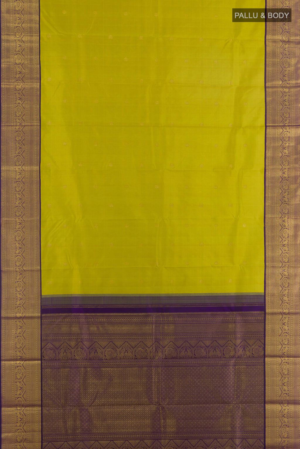 Flat view of Pure Silk Green Kanchipuram Saree with Zari Butta on the body and Zari Border. 