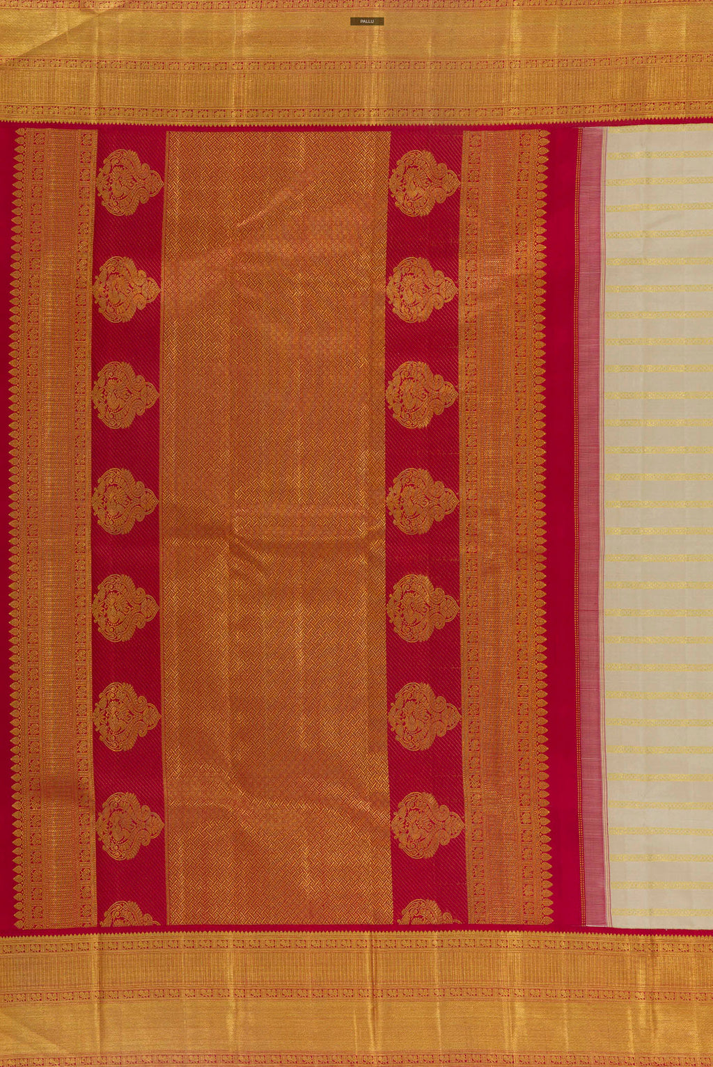 Close up image of the pallu of Pure Silk Off White Kanchipuram Saree with Stripes on the body and Zari Border. 