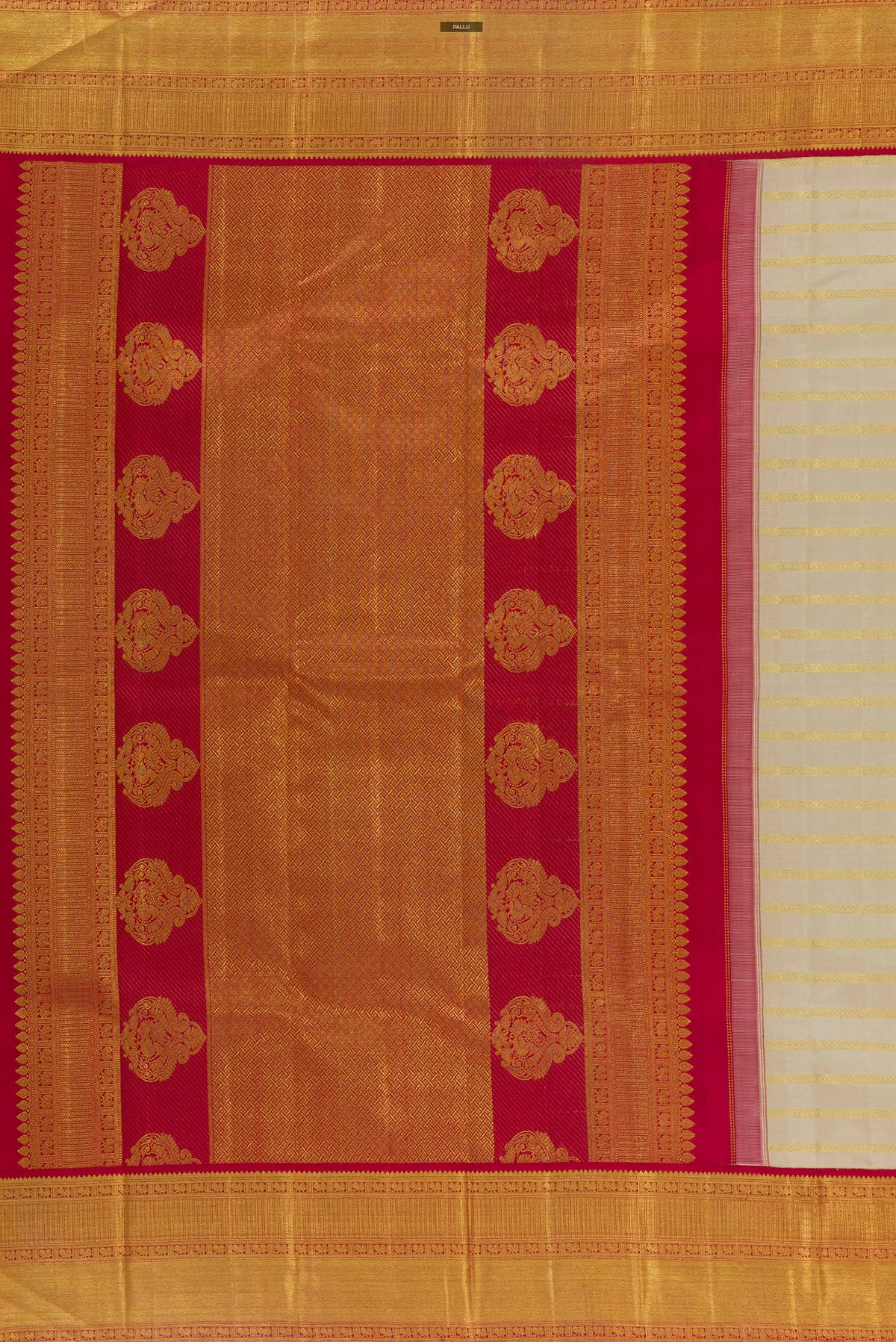 Close up image of the pallu of Pure Silk Off White Kanchipuram Saree with Stripes on the body and Zari Border. 