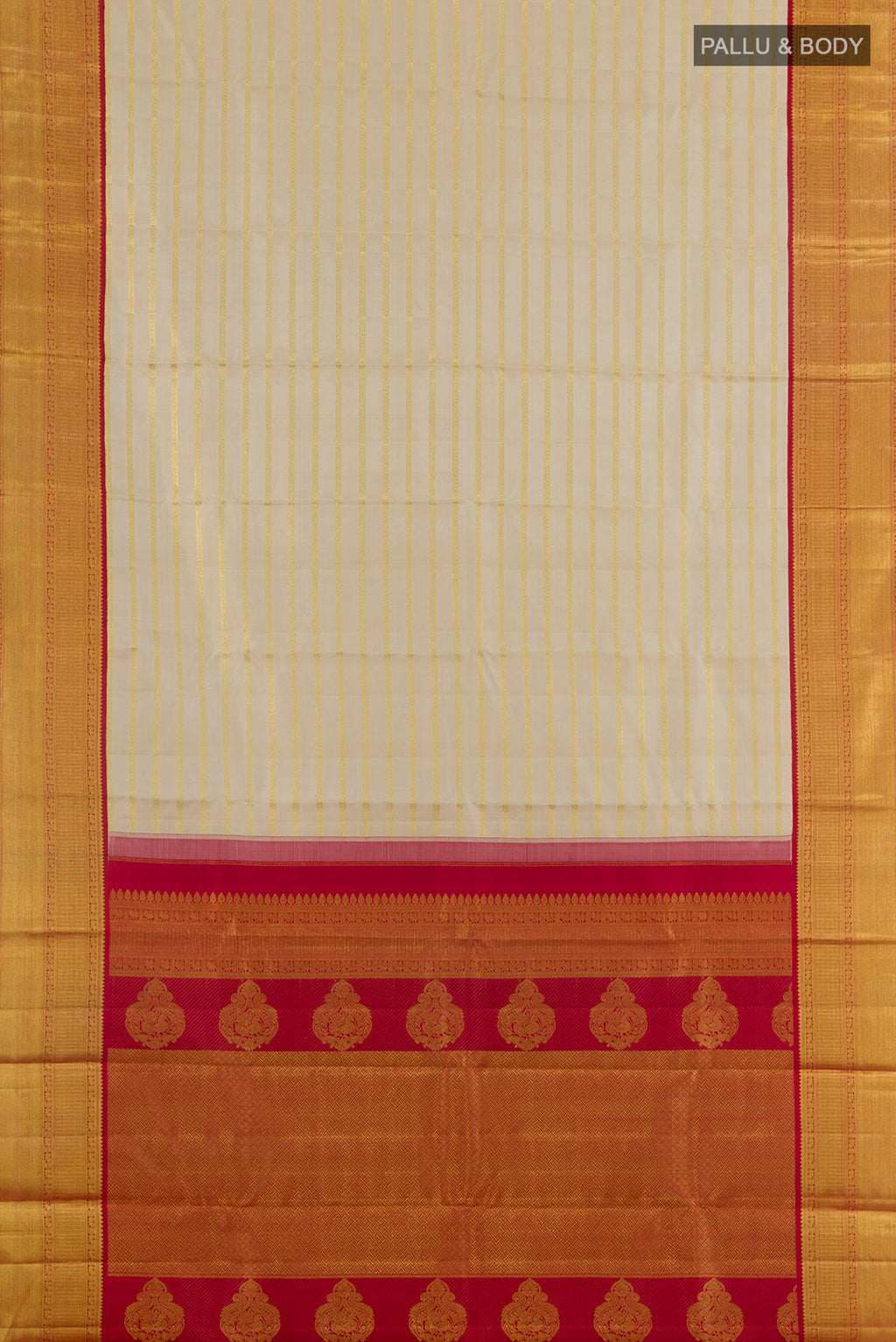 Flat view of Pure Silk Off White Kanchipuram Saree with Stripes on the body and Zari Border. 