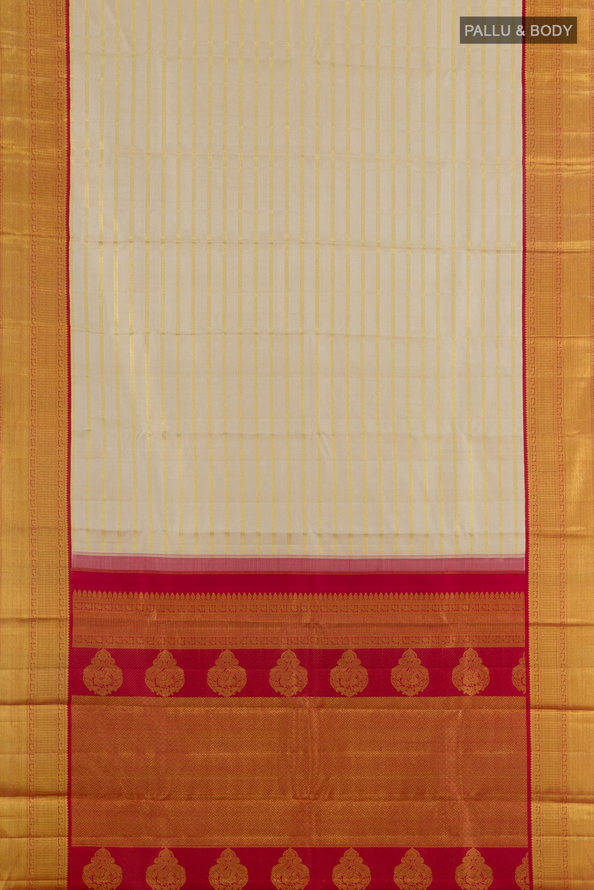 Flat view of Pure Silk Off White Kanchipuram Saree with Stripes on the body and Zari Border. 