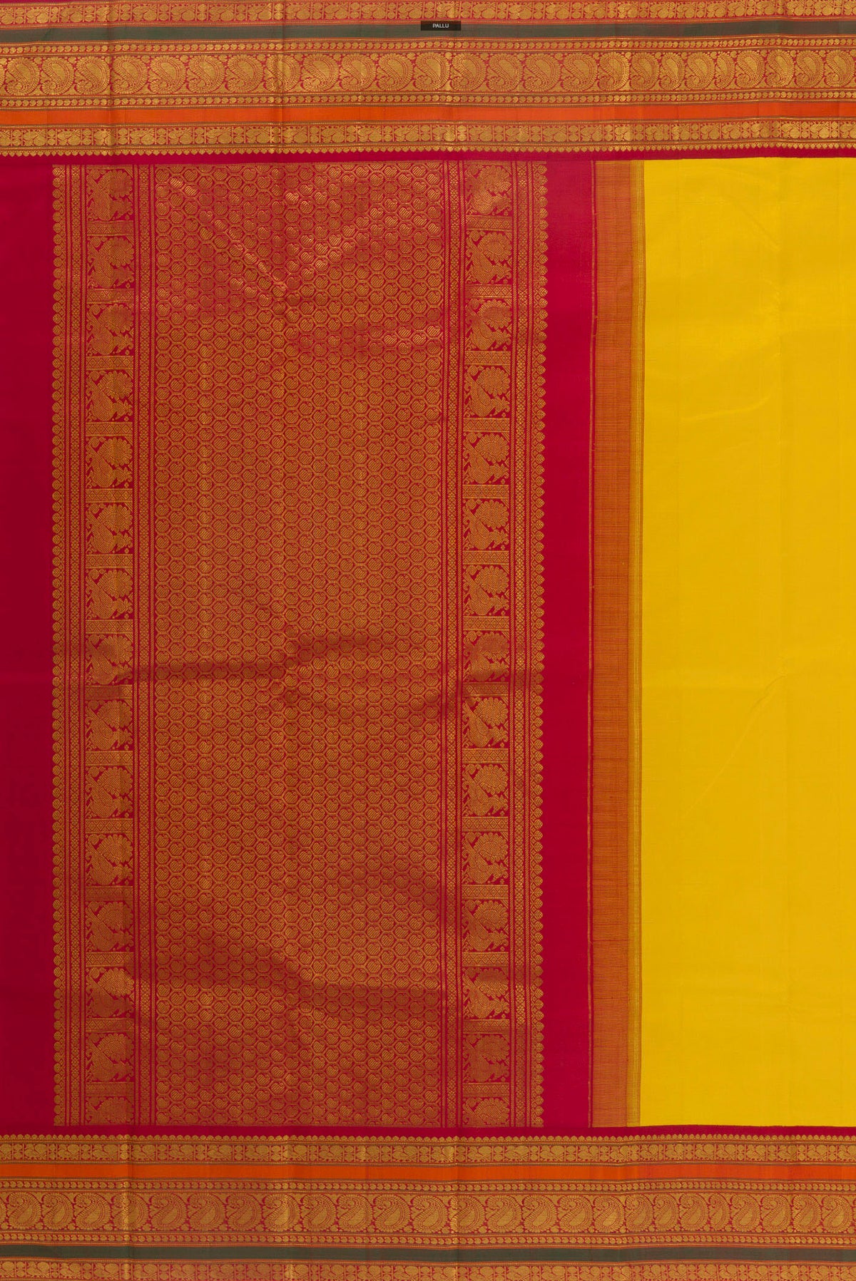 Close up image of the pallu of Pure Silk Yellow Kanjivaram Saree with Plain Body and Zari Border. 