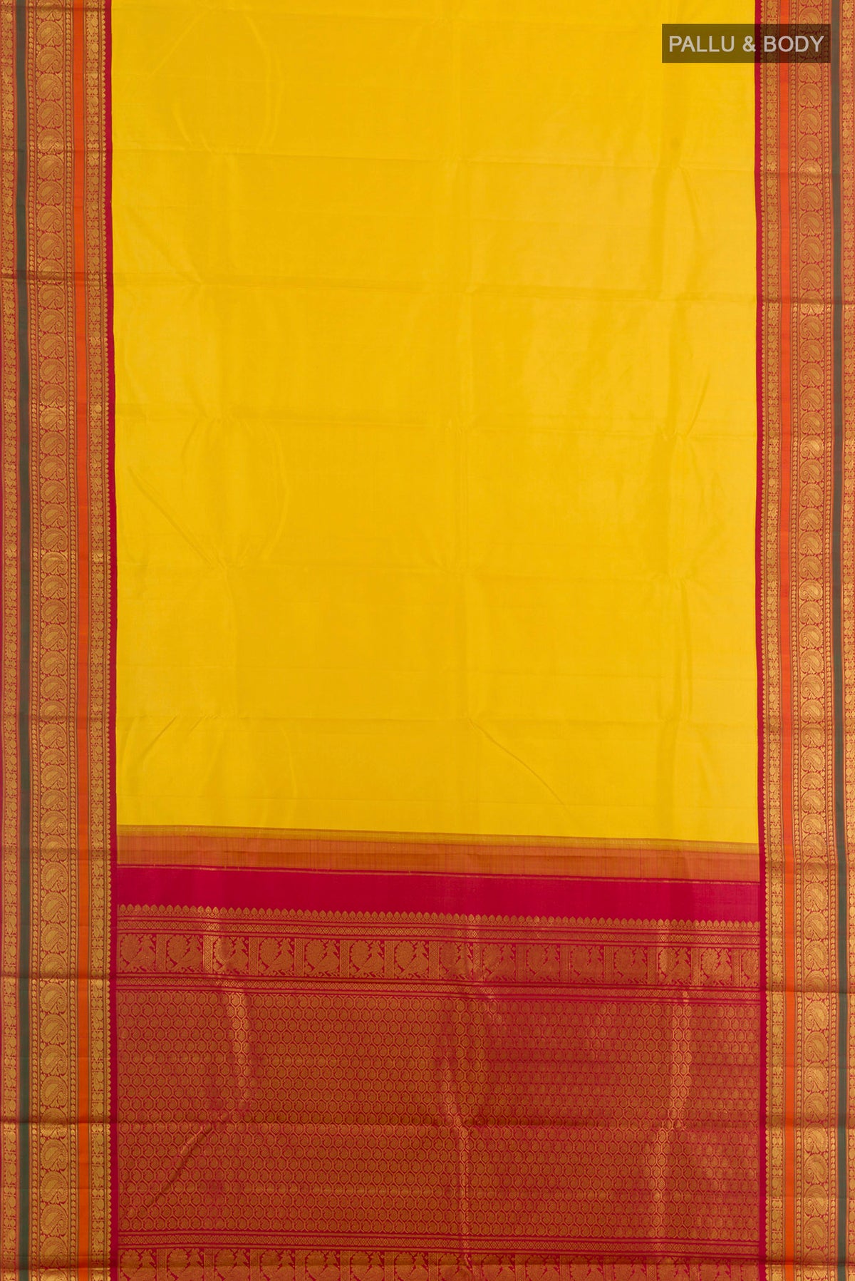 Flat view of Pure Silk Yellow Kanjivaram Saree with Plain Body and Zari Border. 