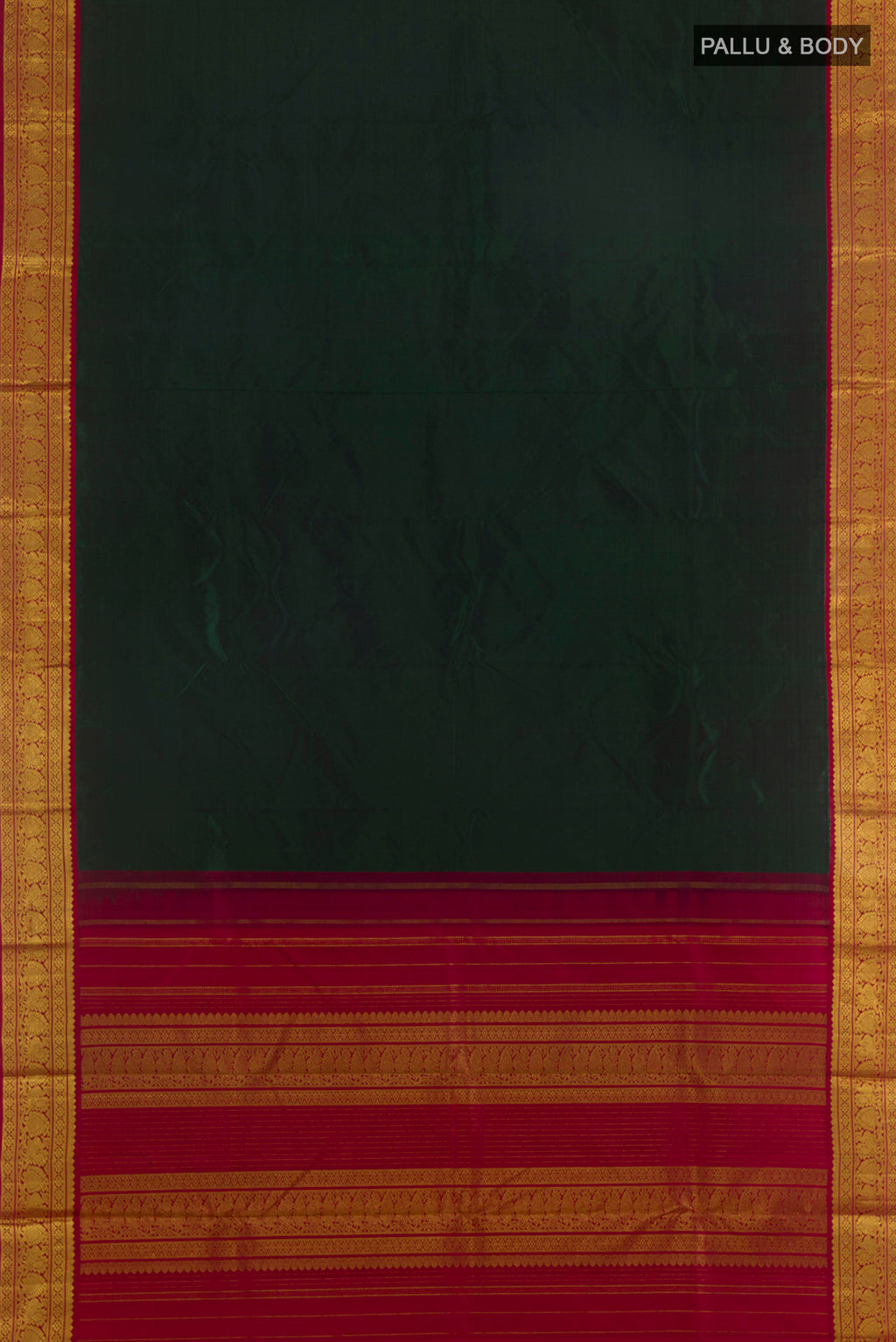 Flat view of Pure Silk Bottle Green Kanjivaram Saree with Plain Body and Zari Border. 