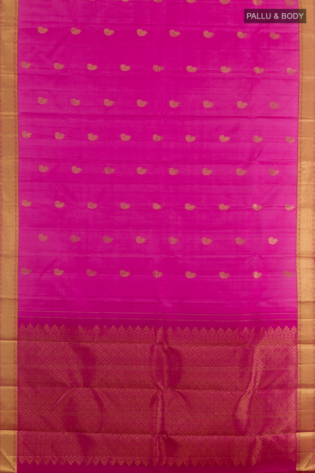 Flat view of Pure Silk Pink Kanchipuram Saree with Zari Butta on the body and Zari Border. 