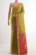 Pure Silk Green Kanjivaram Saree with Stripes on the body and Zari Border.  displayed on a mannequin