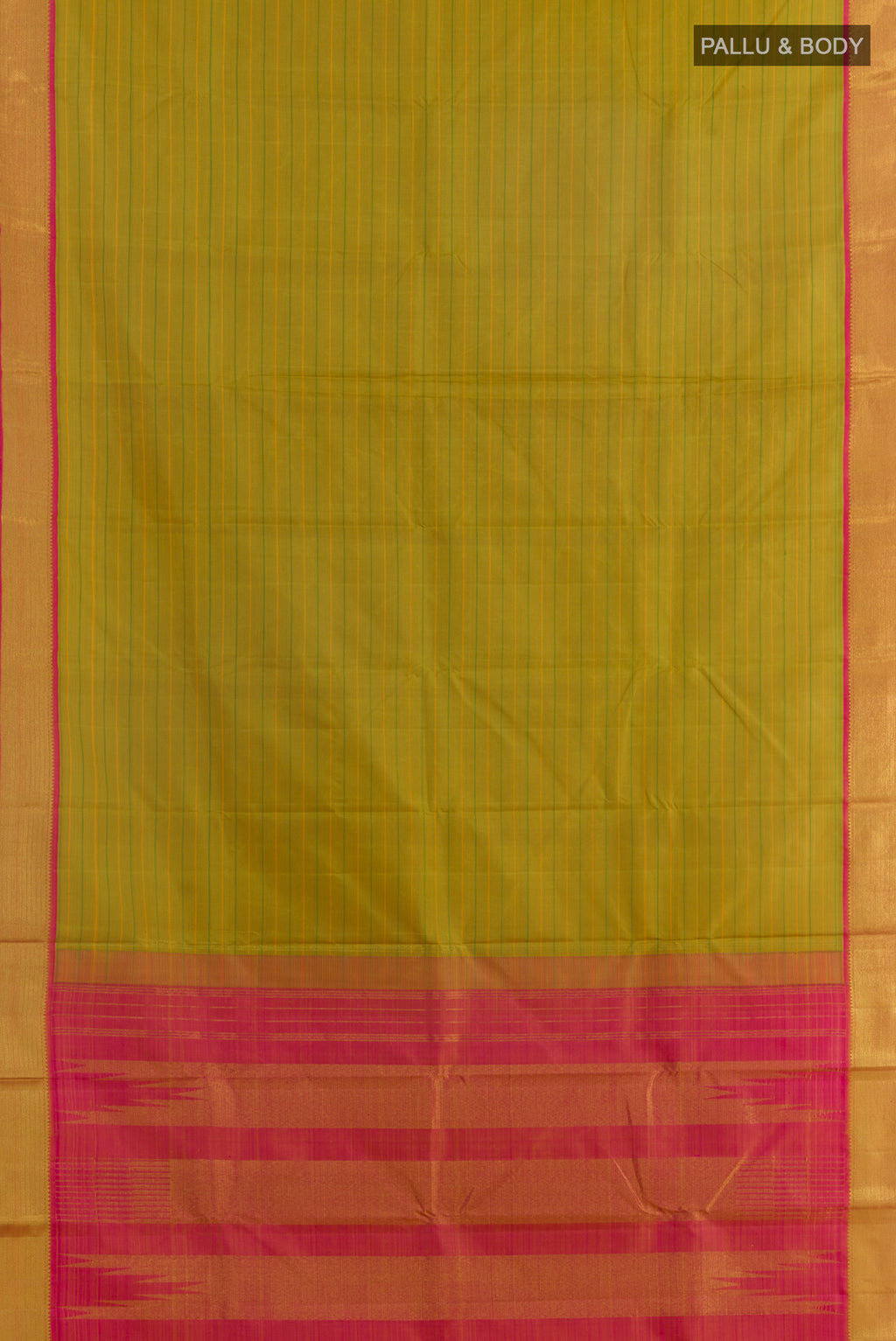 Flat view of Pure Silk Green Kanjivaram Saree with Stripes on the body and Zari Border. 