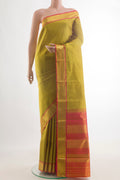 Pure Silk Green Dual Tone Kanjivaram Saree with Stripes on the body and Zari Border.  displayed on a mannequin