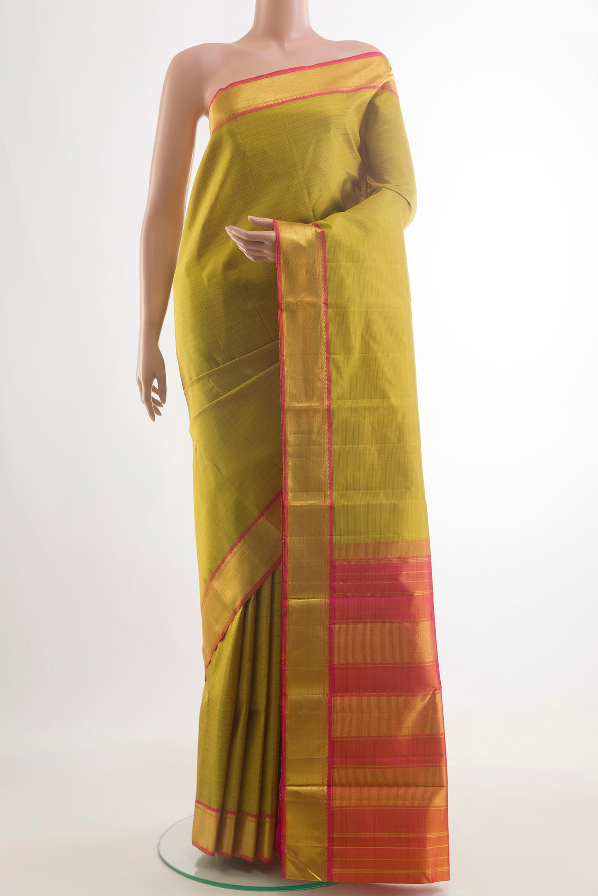 Pure Silk Green Dual Tone Kanjivaram Saree with Stripes on the body and Zari Border.  displayed on a mannequin