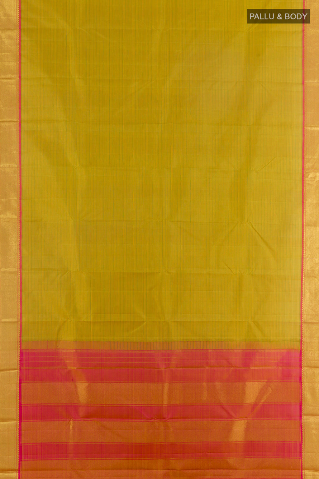 Flat view of Pure Silk Green Dual Tone Kanjivaram Saree with Stripes on the body and Zari Border. 