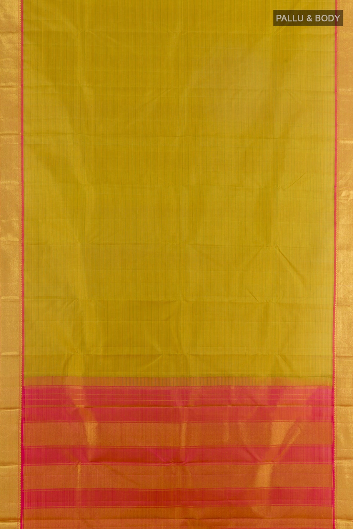 Flat view of Pure Silk Green Dual Tone Kanjivaram Saree with Stripes on the body and Zari Border. 